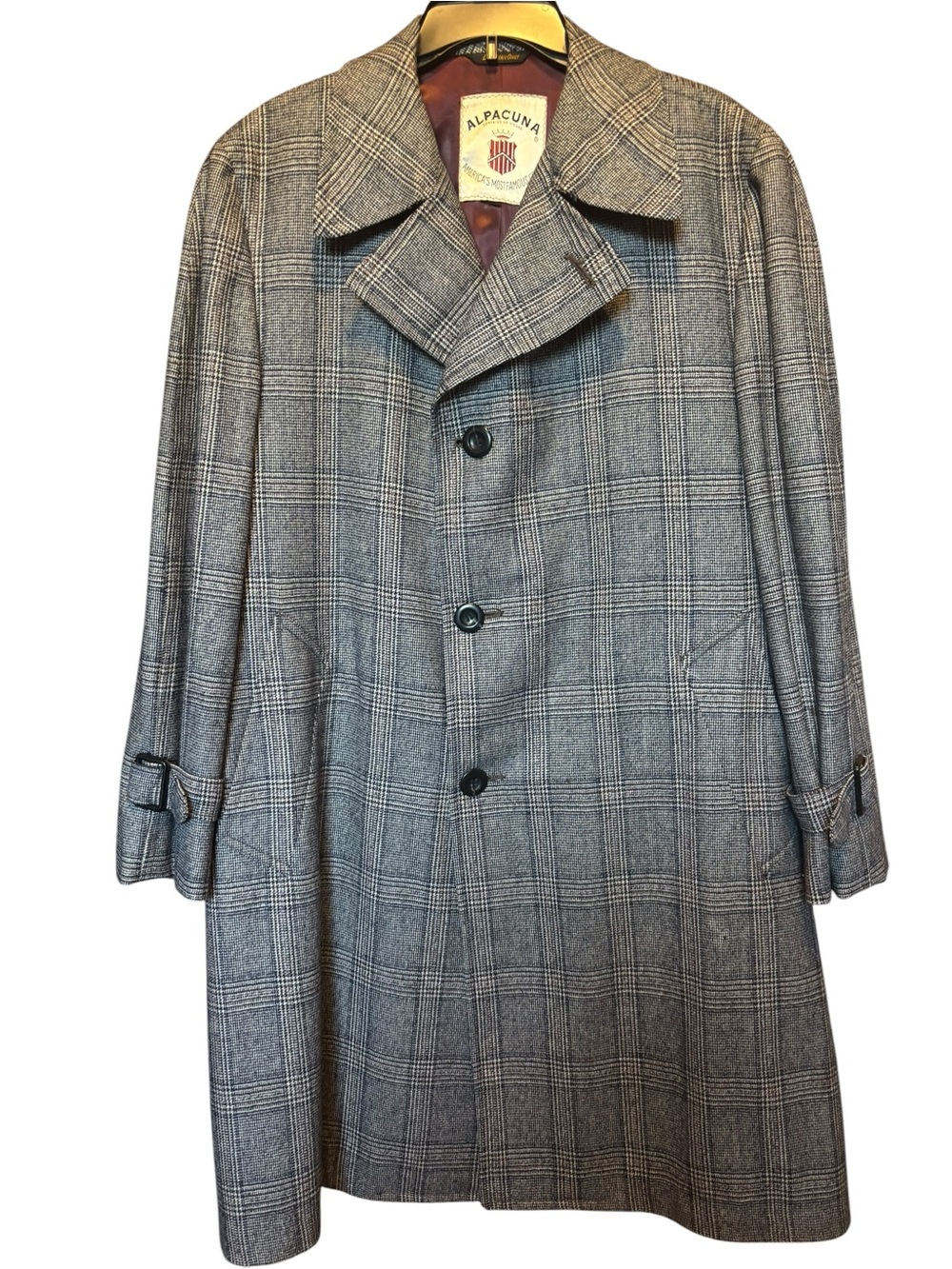 70s Vtg Plaid OverCoat Mens ALPACUNA Famous-Barr Alpaca Wool Blend Approx 46R